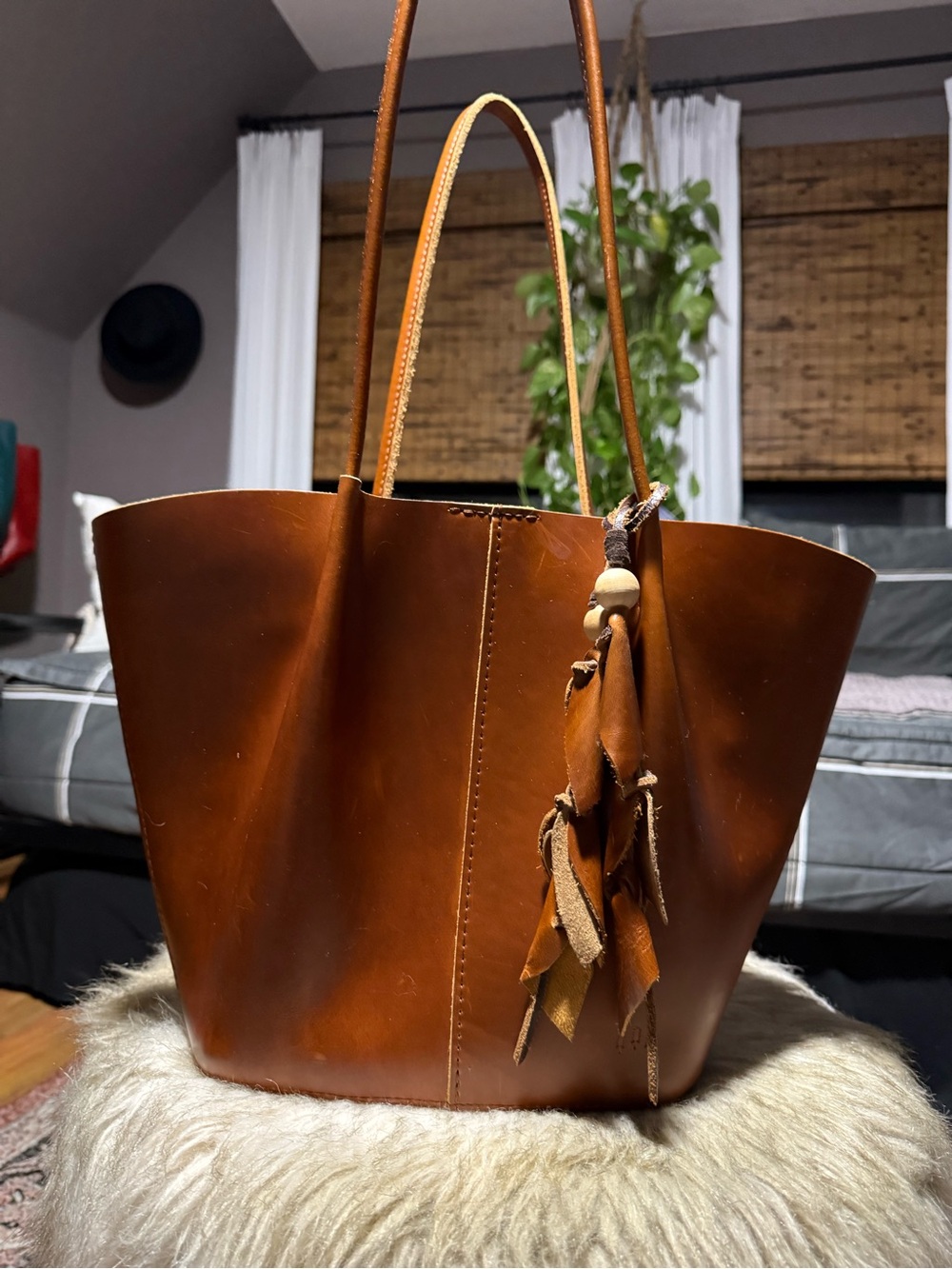 Portland Leather Large Devan Tote Bag in Madrone Brown with tassel
